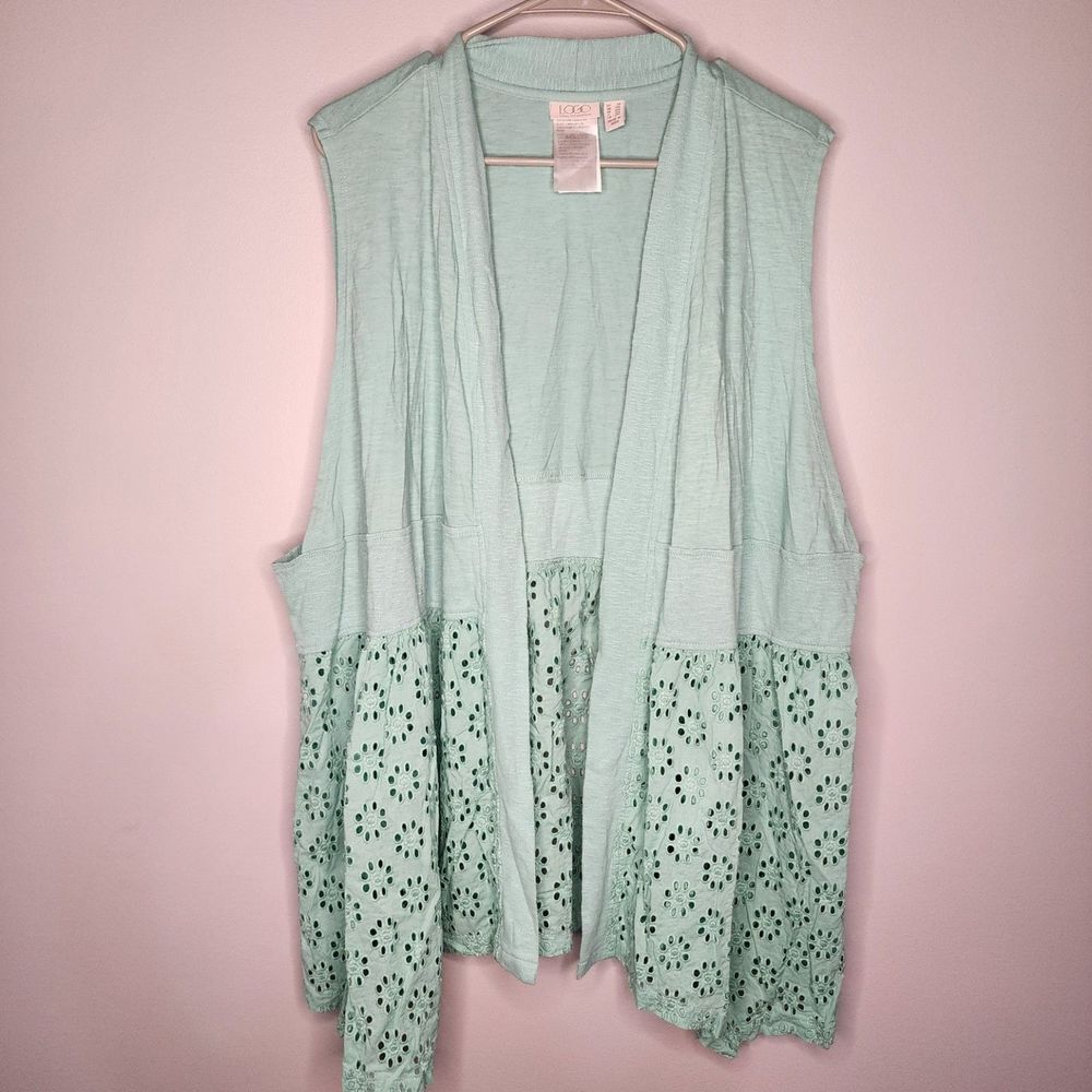 LOGO by Lori Goldstein Aqua Knit Open Sleeveless Cardigan Size 2X